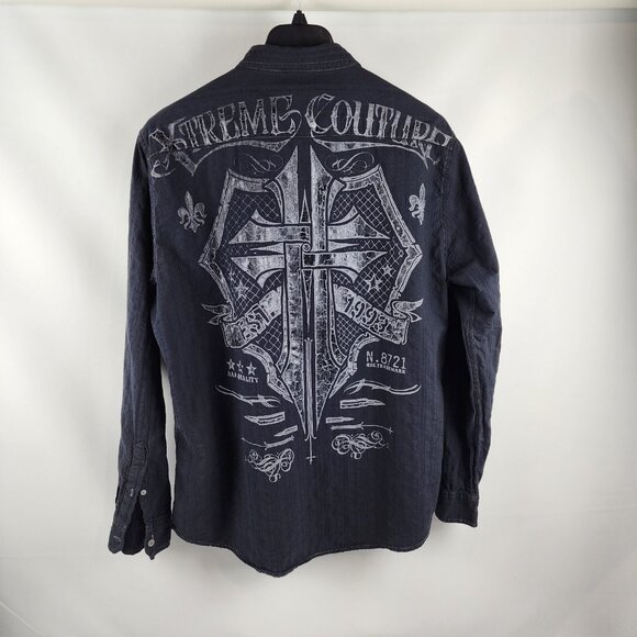 XTREME COUTURE by AFFLICTION Shirt Mens 2XL Black L/S Button Down RATTLE Shield - Picture 1 of 8